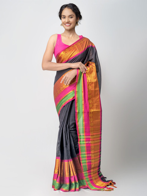 

Unnati Silks Black Woven Design Pure Handloom Sustainable Pavani Narayanpet Cotton Saree