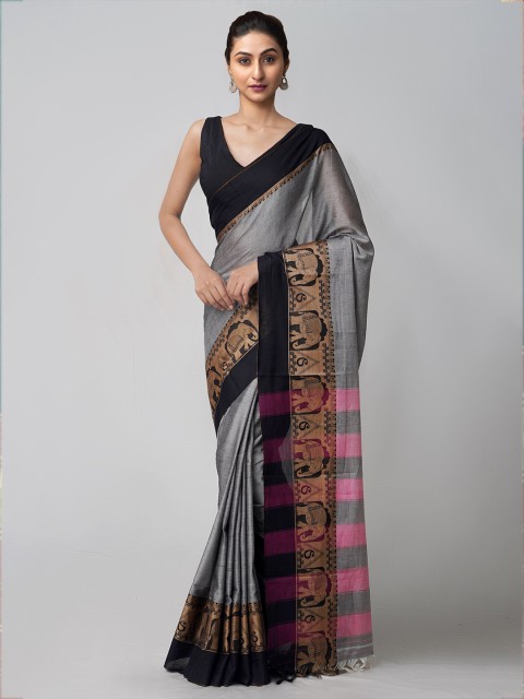 

Unnati Silks Grey & Black Ethnic Motifs Pure Cotton Narayan Peth Saree
