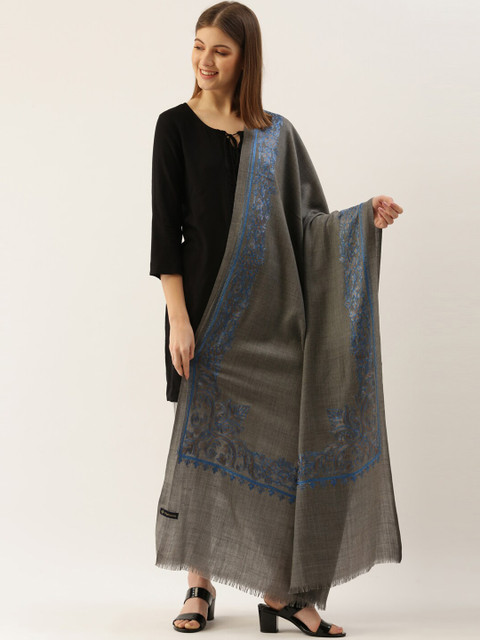 

Pashmoda Women Grey Melange & Blue Embroidered Woolen Shawl