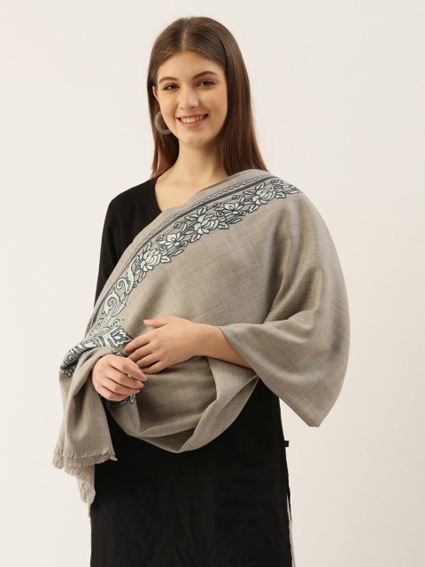 

Pashmoda Women Grey Melange & White Embroidered Woolen Shawl