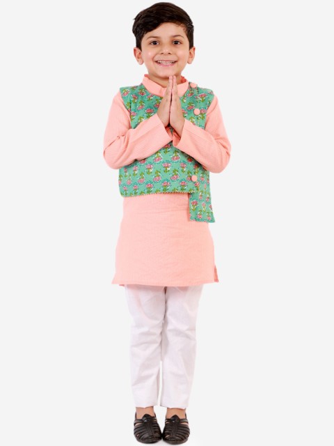 

KID1 Boys Green Striped Layered Pure Cotton Kurta with Pyjamas With Jacket