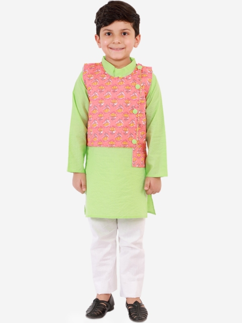 

KID1 Boys Peach-Coloured Embroidered Kantha Work Pure Cotton Kurta with Pyjamas & Jacket