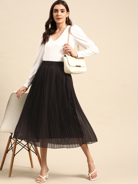 

all about you Women Black Solid Accordion Pleated Midi Flared Skirt