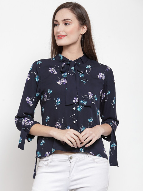 

armure Navy Blue Floral Print Crepe Top