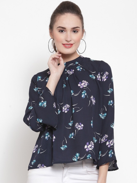 

armure Navy Blue Floral Print Mandarin Collar Crepe Top