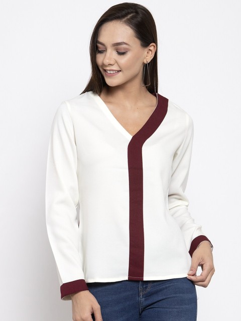 

armure Women Cream-Coloured & Maroon Colourblocked Regular Top
