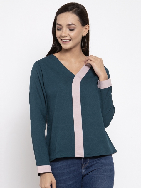 

armure Teal Blue & Peach-Coloured Colourblocked Crepe Top