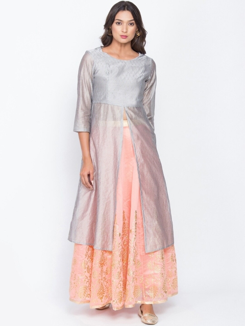 

Be Indi Women Grey & shell Yoke Design Flared Sleeves Chanderi Silk Chanderi Silk Anarkali Kurta