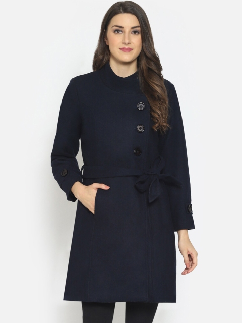 

Martini Women Navy Blue Solid Woolen Overcoat