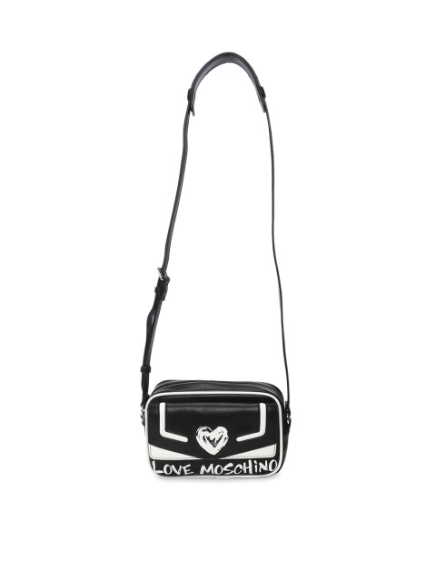 

LOVE MOSCHINO Black & White Printed Leather Structured Sling Bag