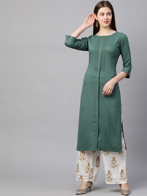 

FASHOR Women Green Colourblocked Keyhole Neck Flared Sleeves Mirror Work Kurta