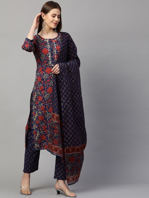 

FASHOR Women Navy Blue Embroidered Pure Cotton Kurta with Trousers & With Dupatta