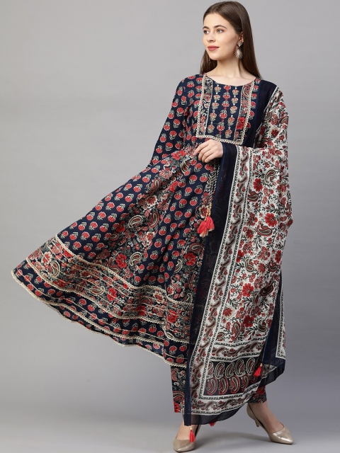 

FASHOR Women Teal Paisley Printed Pure Cotton Kurta with Trousers & Dupatta