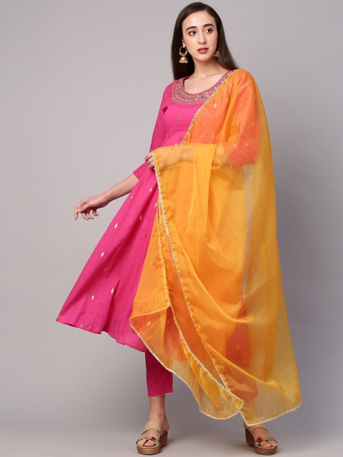 

FASHOR Women Pink Yoke Design Empire Sequinned Pure Cotton Kurta with Trousers & Dupatta