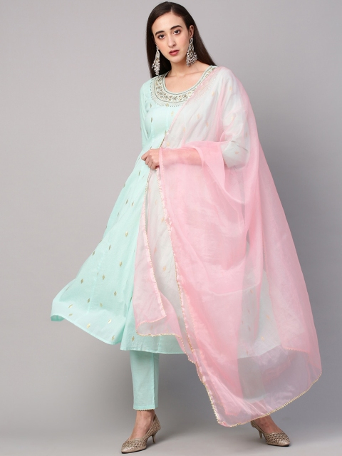 

FASHOR Women Green & Pink Embroidered Pure Cotton Kurta with Trousers & Dupatta