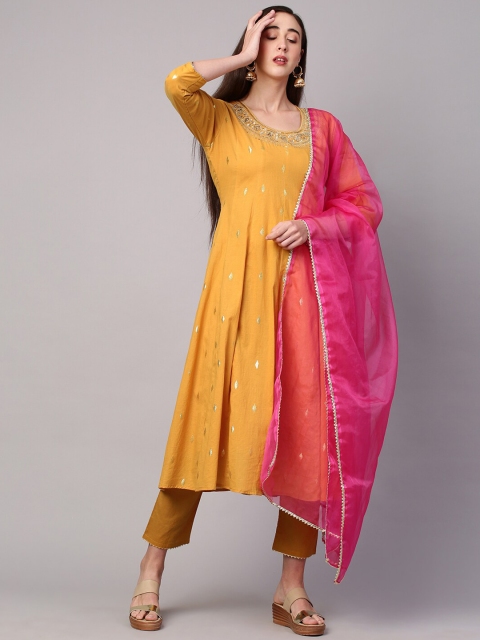 

FASHOR Women Mustard Yellow Embroidered Gotta Patti Pure Cotton Kurta with Trousers & With Dupatta