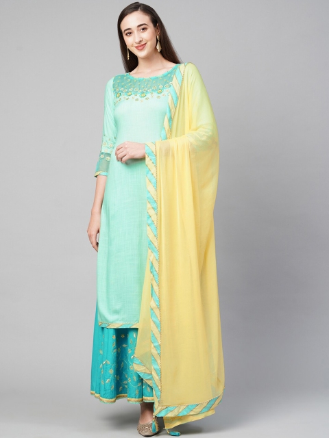 

FASHOR Women Green & Yellow Floral Embroidered Kurta with Sharara & Dupatta