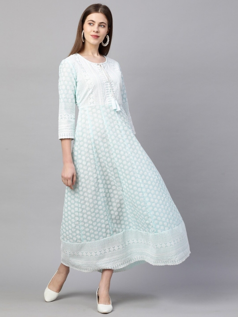 

FASHOR Woman Blue Chikankari Embroidered Maxi Dress