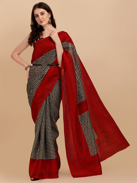 

KALINI Red Kalamkari Printed Linen Blend Saree