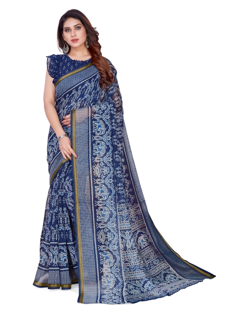 

KALINI White & Blue Abstract Printed Designer Saree