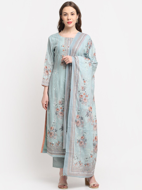 

Stylee LIFESTYLE Women Turquoise Blue & Peach Printed Unstitched Dress Material