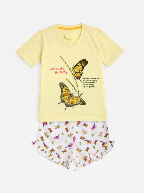 

YK Girls Yellow & White Printed T-shirt with Shorts