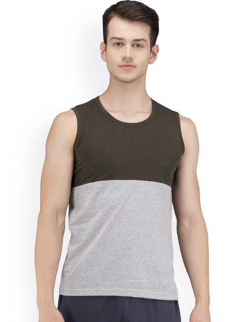 

PockMAN Men Olive Green & Grey Colourblocked Innerwear Vest gry af olive cot vest_S