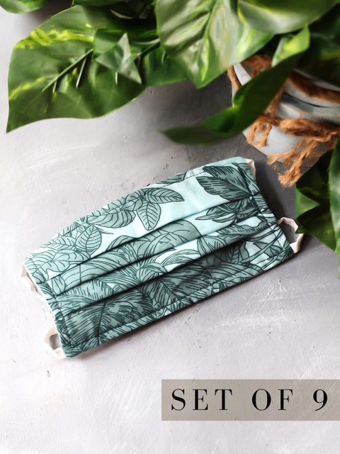 

Bellofox Pack Of 9 Green Printed Reusable Pure Cotton Outdoor Masks, Sea green
