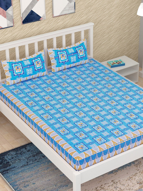 

Aura White & Blue Floral 120 TC Queen Bedsheet with 2 Pillow Covers