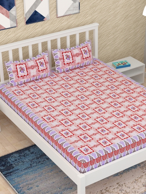 

Aura White & Red Floral Printed 120 TC Jaipuri Queen Bedsheet With 2 Pillow Covers