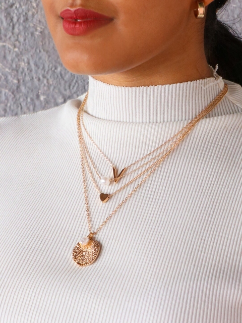 

Ayesha Gold-Toned Pearl Charm V Heart & Circular Pendant Dainty Layered Necklace