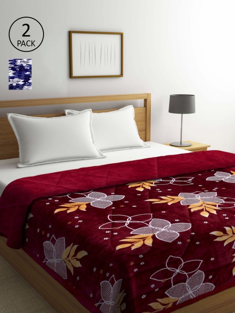 

KLOTTHE Set of 2 Floral Heavy Winter Double Bed Quilt, Maroon