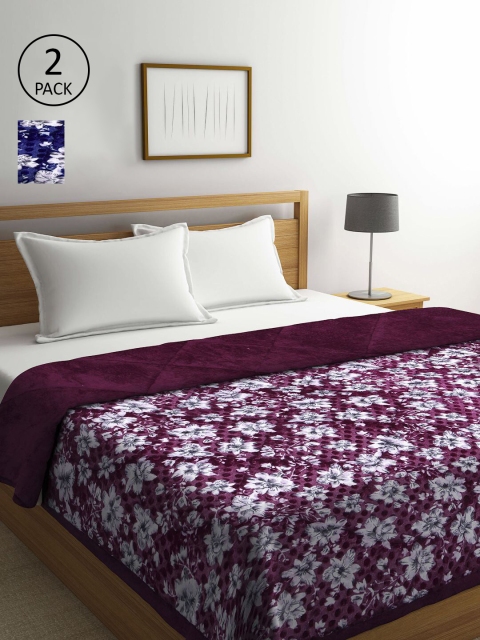 

KLOTTHE Blue & Magenta Set of 2 Floral Heavy Winter Double Bed Quilt