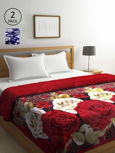 

KLOTTHE Blue & Red Set of 2 Floral Heavy Winter Double Bed Quilt