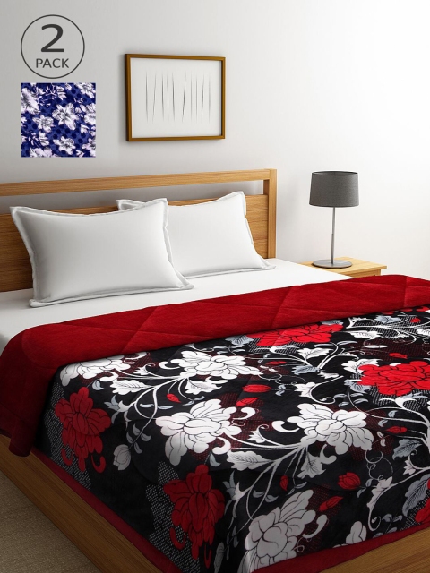 

KLOTTHE Blue & Red Set of 2 Floral Heavy Winter Double Bed Quilt
