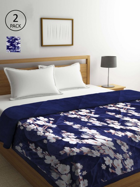 

KLOTTHE Set Of 2 White & Navy Blue Floral Printed 900 GSM Double Bed Quilt