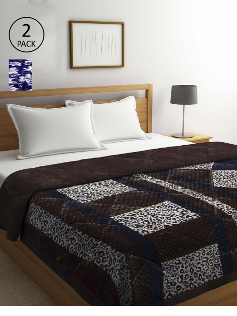

KLOTTHE Blue & Brown Set of 2 Geometric Heavy Winter Double Bed Quilt