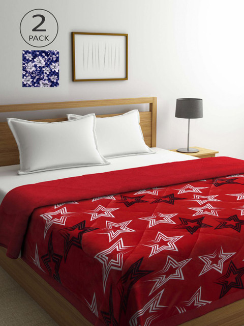 

KLOTTHE Red & Blue Set of 2 Geometric Heavy Winter Double Bed Quilt
