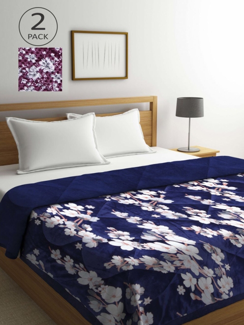 

KLOTTHE Navy Blue & Magenta Set of 2 Floral Heavy Winter Double Bed Quilt