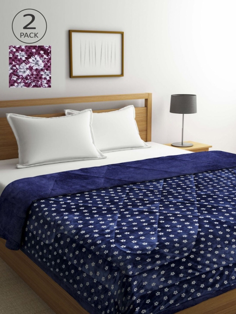

KLOTTHE Set Of 2 Violet & Blue Floral Printed Fur Heavy Winter Double Bed Quilt
