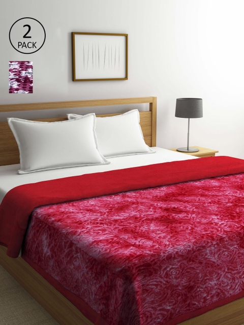 

KLOTTHE Red & Purple Set of 2 Floral Heavy Winter Double Bed Quilts
