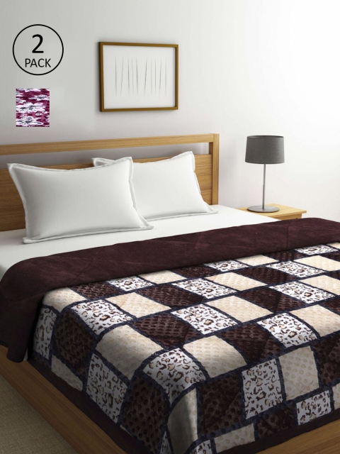 KLOTTHE Brown & Beige Set of 2 Geometric Heavy Winter Double Bed Quilt
