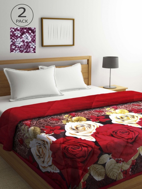 

KLOTTHE Violet & Red Set of 2 Floral Heavy Winter Double Bed Quilt