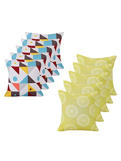 

Ferns N Petals Set Of 10 White & Yellow Printed Square Cushion Covers