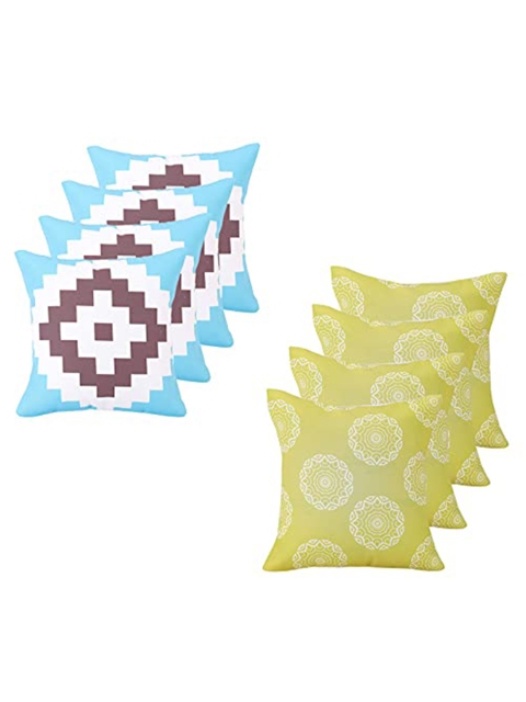 

Ferns N Petals Set Of 8 Blue & Lime Green Geometric Printed Square Cushion Covers