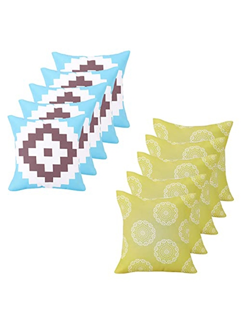 

Ferns N Petals Set Of 10 Blue & Lime Green Geometric Printed Square Cushion Covers