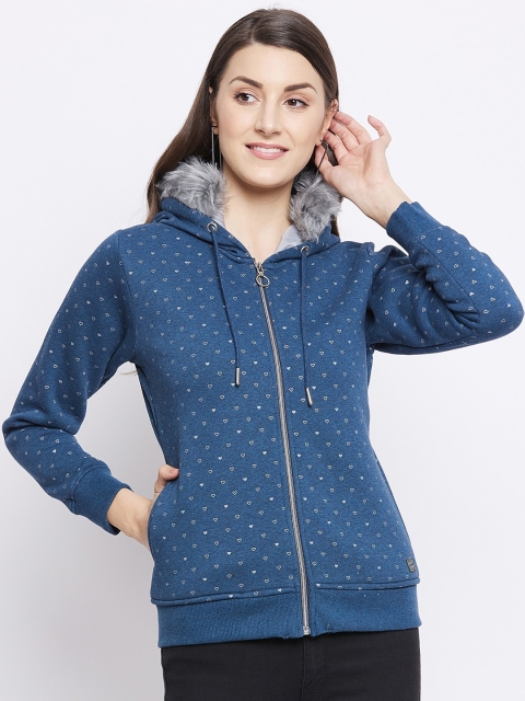 

Duke Women Blue Printed Hooded Front Open Sweatshirt
