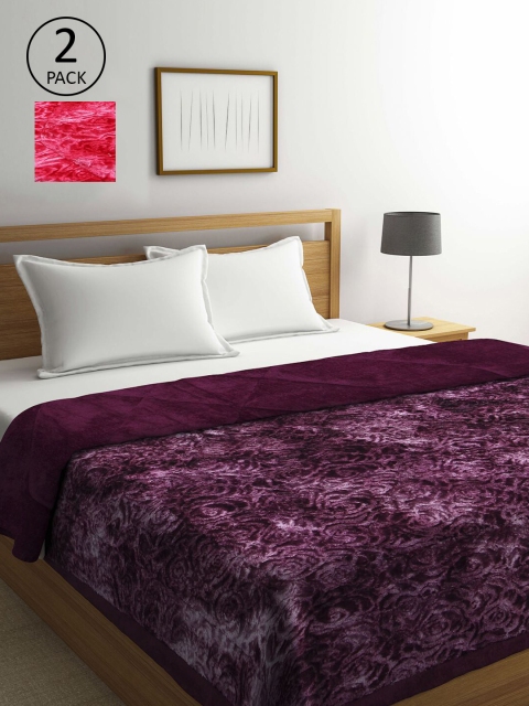 KLOTTHE Red & Burgundy Set of 2 Floral Heavy Winter Double Bed Quilt