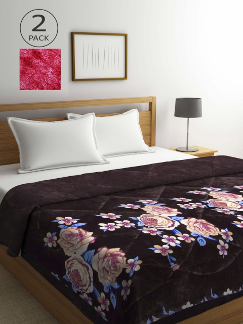 

KLOTTHE Red & Coffee Brown Set of 2 Floral Heavy Winter Double Bed Quilts
