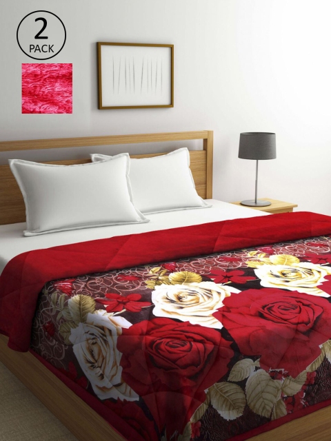 

KLOTTHE Red & Brown Set of 2 Floral Heavy Winter Double Bed Quilt